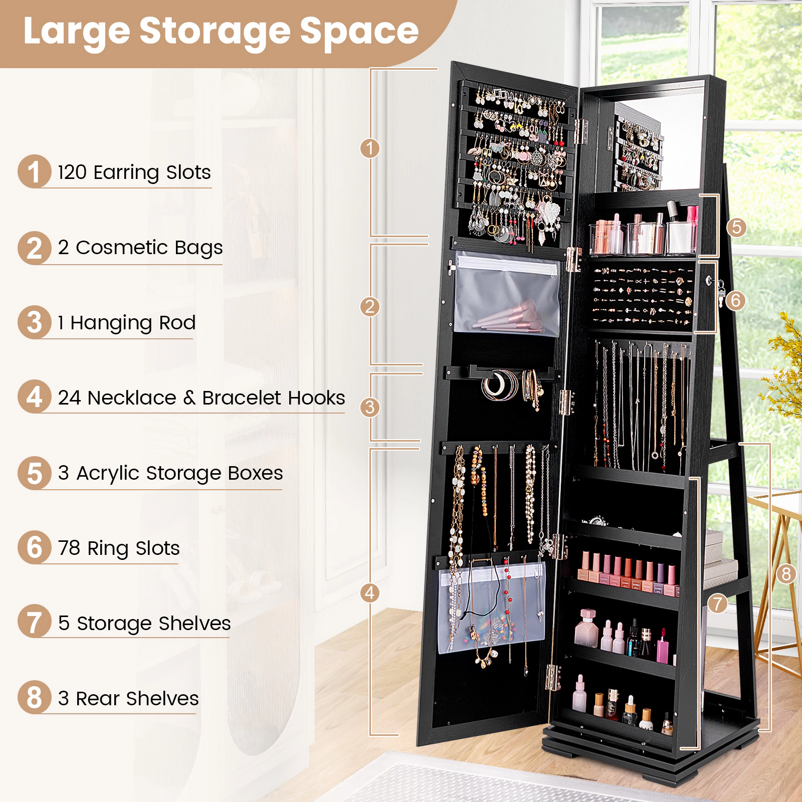 SUGIFT 63.5-in Black 360-Degree Swivel Jewelry Cabinet with Full-Length Mirror 100 Earring Slots and Hooks
