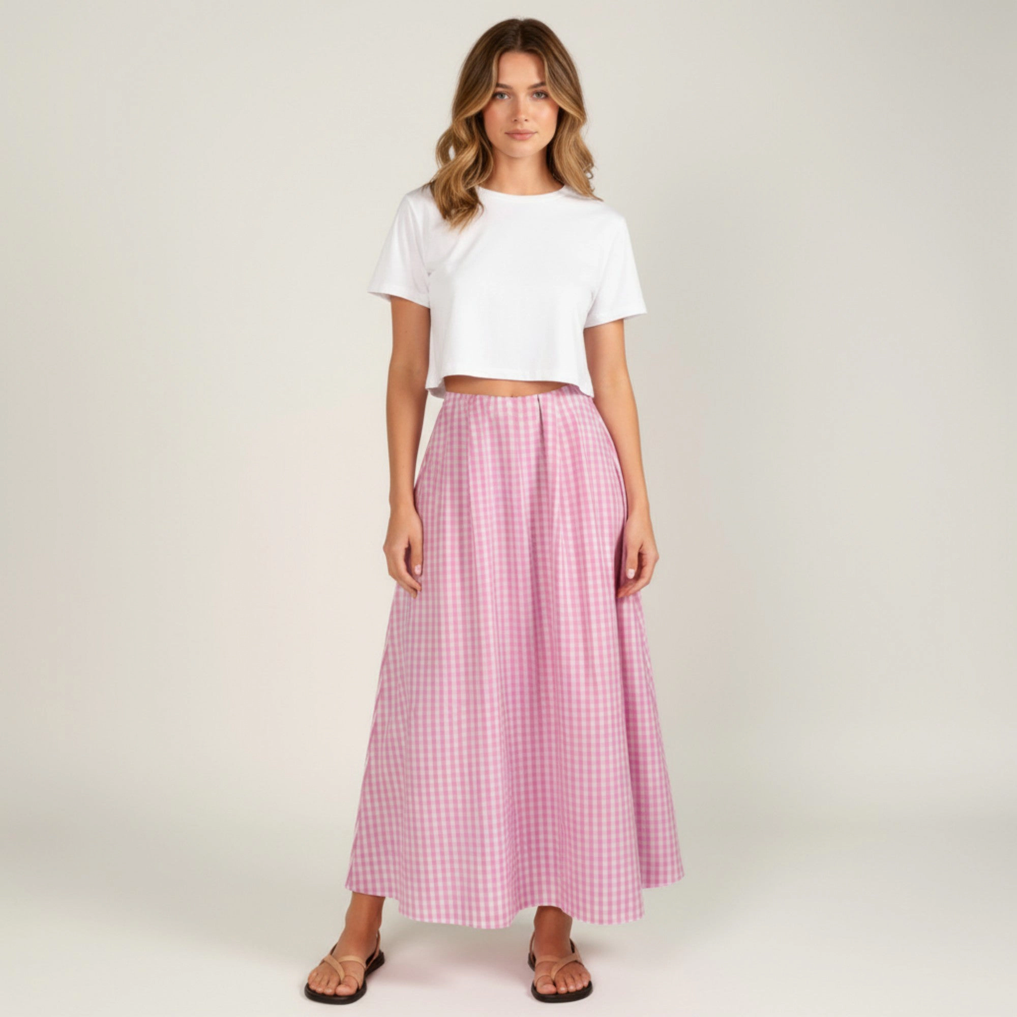 Anna-Kaci Womens Gingham Gathered Maxi Skirt with Wide Waistband