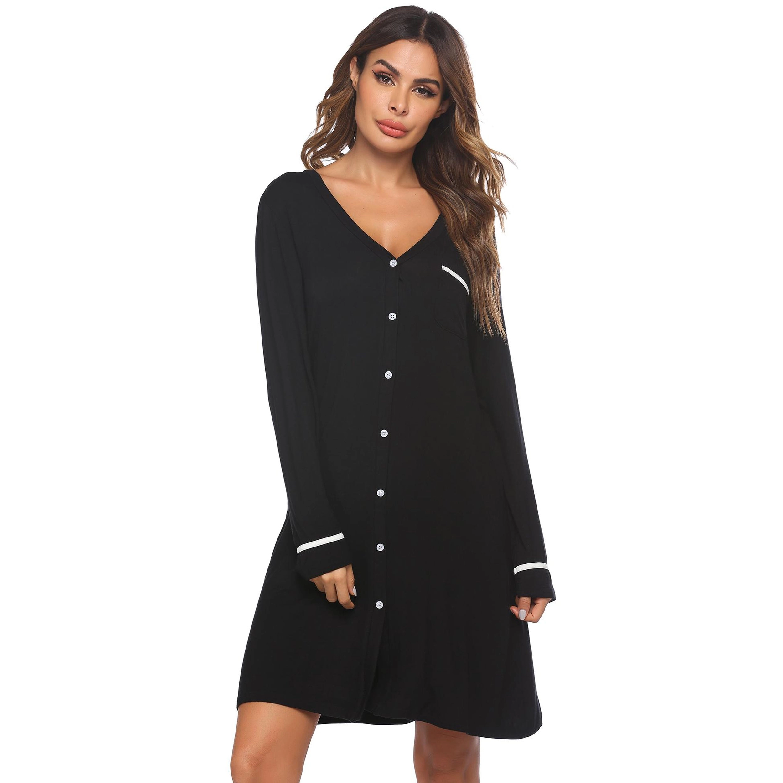 Ekouaer Womens Nightgown V Neck Sleepwear Long Slevee Button Down Nightshirt