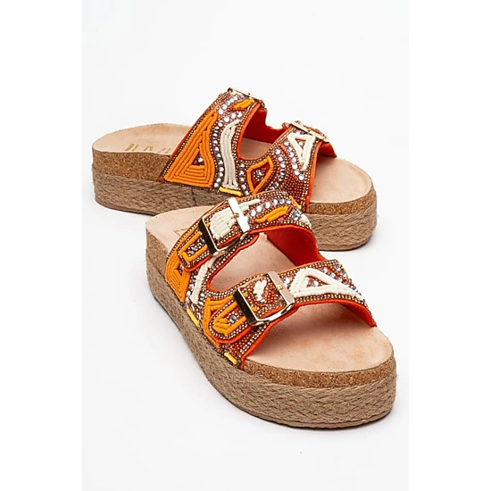 Prologue Shoes Womens Bobby Beaded Straw Platform Slide Sandal