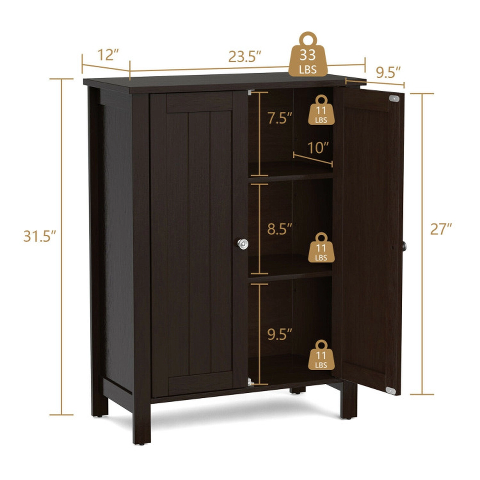 SUGIFT Brown 2-Door 66-lb Capacity Bathroom Floor Storage Cabinet with 2-Tier Shelves and 6 Adjustable Positions