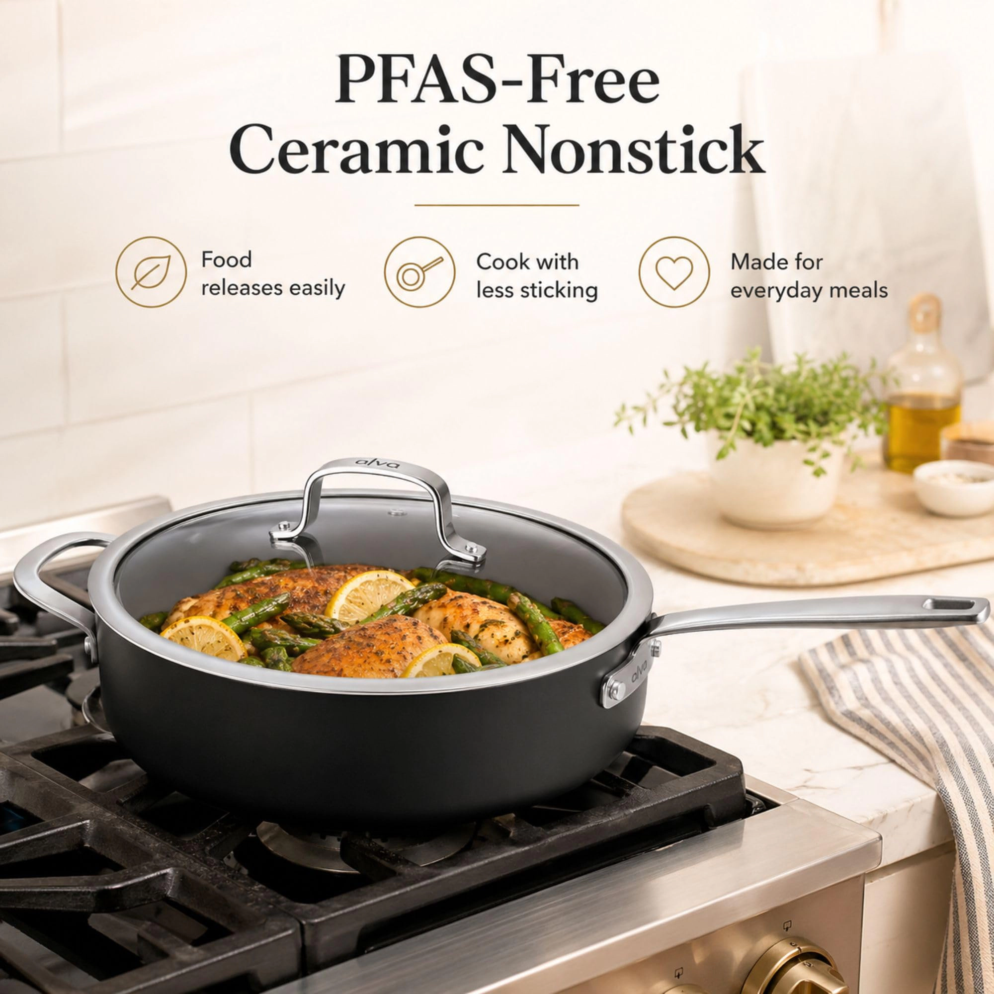 Alva Maestro 4 Qt Ceramic-Coated Aluminum Sauté Pan with Lid, Oven-Safe to 400°F