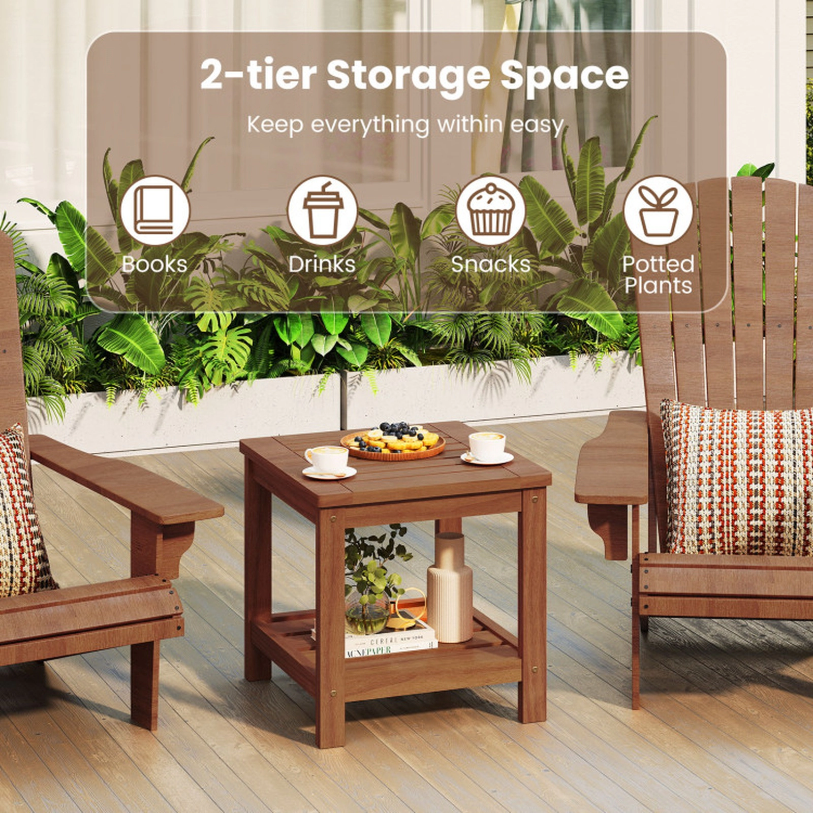SUGIFT Storage Shelf for Patio 2-Tier Natural Outdoor Solid Wood Side Table