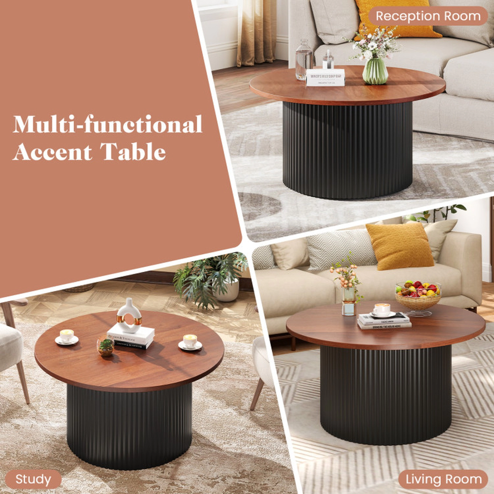 SUGIFT 32-in Round Coffee Table with Solid Wood Frame and Wooden Top 220-lb Capacity Natural and Black 1-Piece