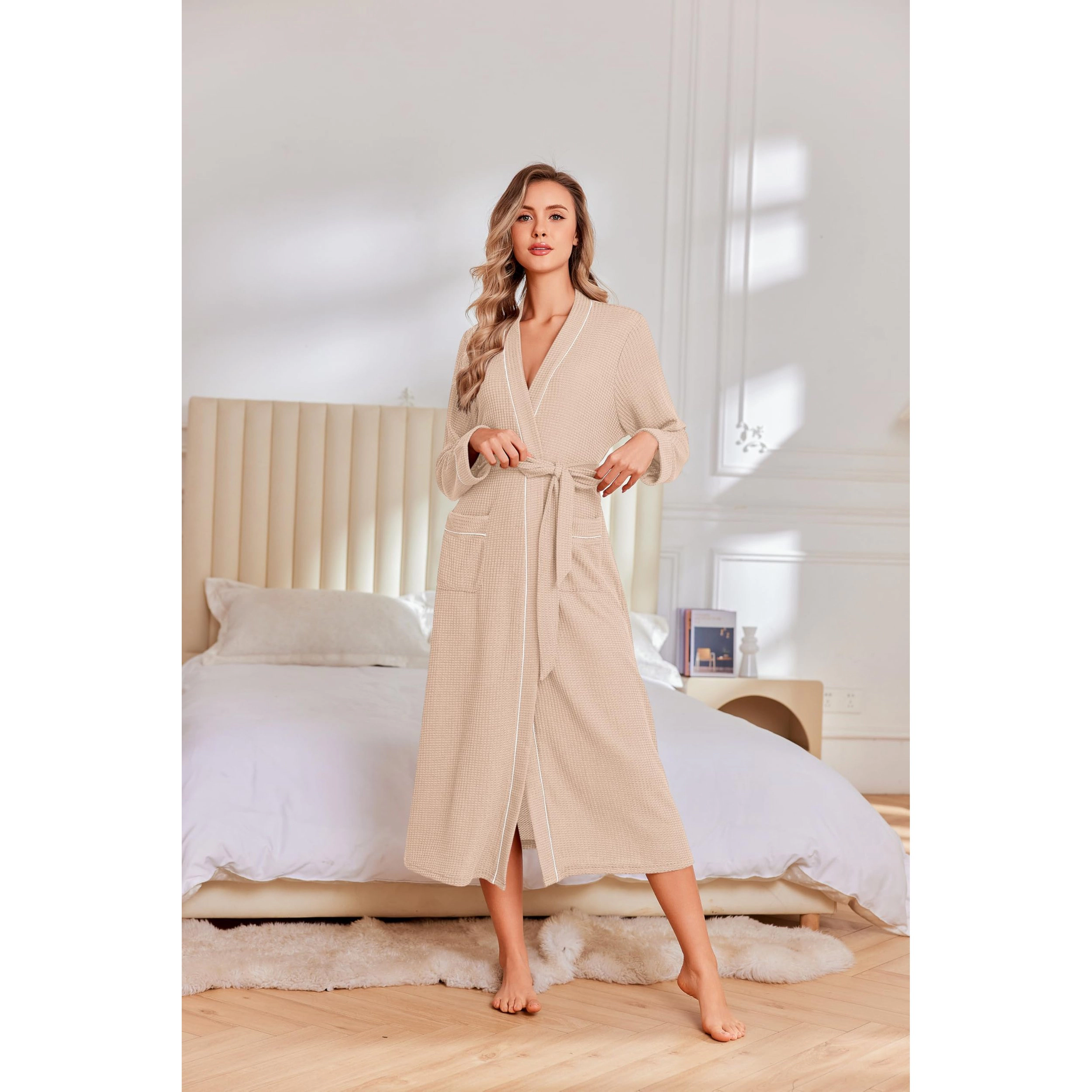 Ekouaer Robes for Women Knit Waffle Bathrobe Full Length Kimono Casual Ladies Loungewear