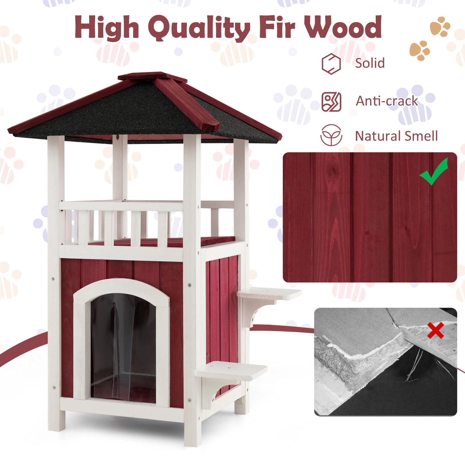 SUGIFT 23 x 34-in 33-lb Platform Capacity Red 2-Story Wooden Outdoor Cat House with Asphalt Roof and Balcony