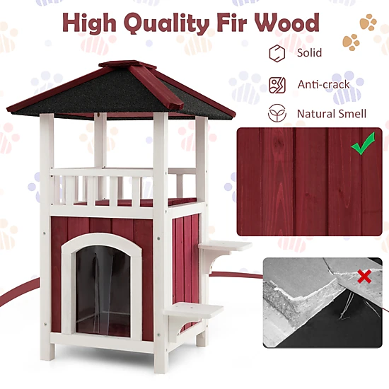 SUGIFT 23 x 34-in 33-lb Platform Capacity Red 2-Story Wooden Outdoor Cat House with Asphalt Roof and Balcony