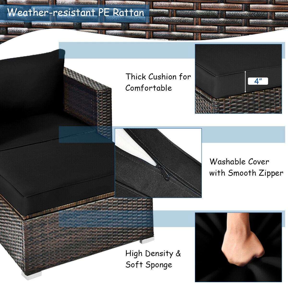 SUGIFT 6-Piece Black PE Rattan Patio Sectional Set with Glass-Top Ottomans and 4-Inch Cushions