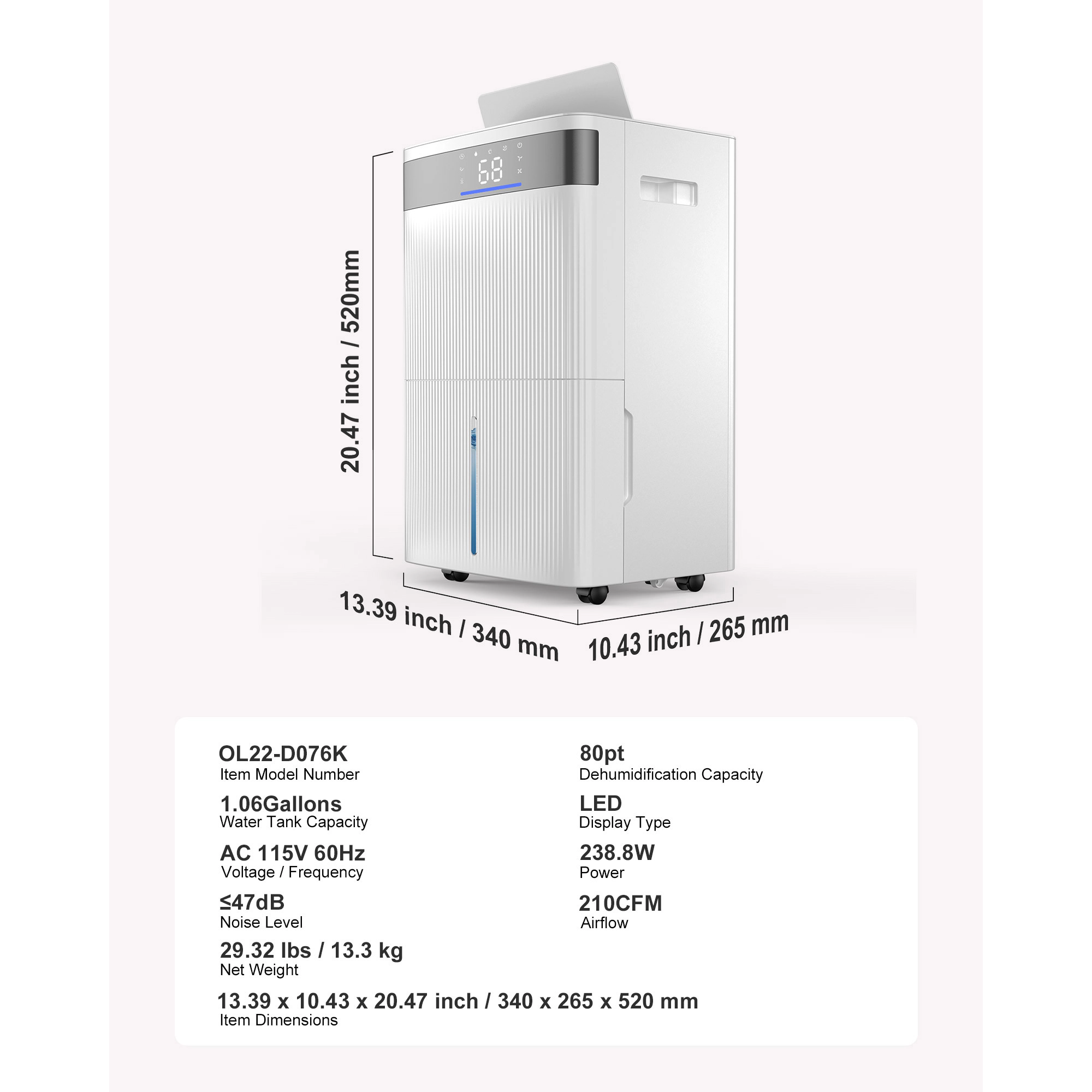 HONGGE Dehumidifier for Home & Basement Drain Hose for Commercial & Industrial Use Smart Humidity Control Low Noise for