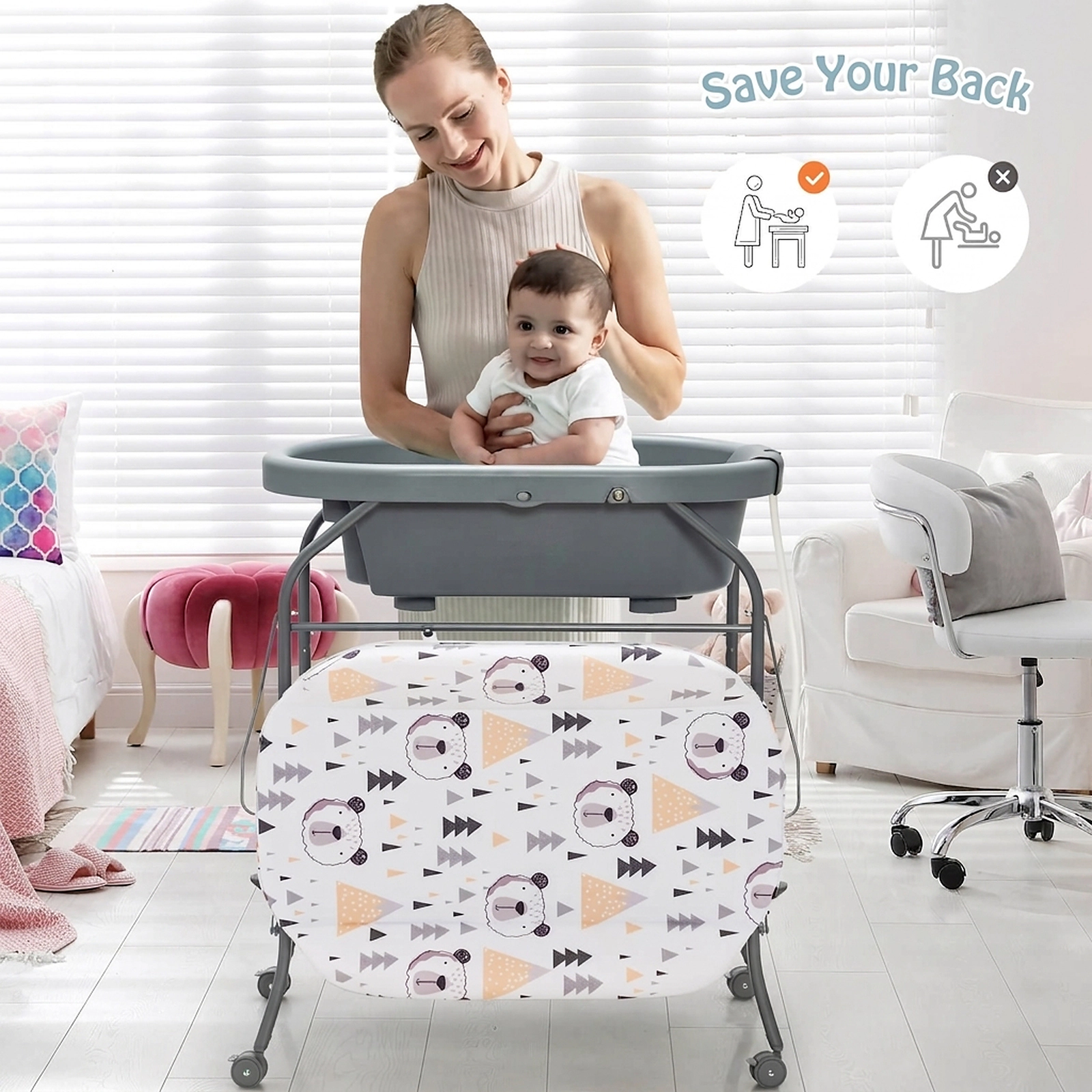 SUGIFT Portable Baby Changing Table with Storage Basket and Shelves 33-lb Bathtub Capacity Ages 0-12 Months Gray