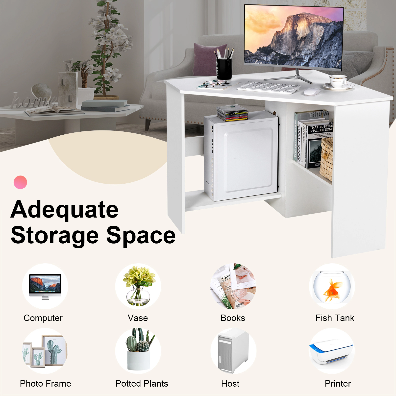 SUGIFT Triangle Corner Computer Desk Writing Workstation with Storage Shelf 200-lb Tabletop Capacity White