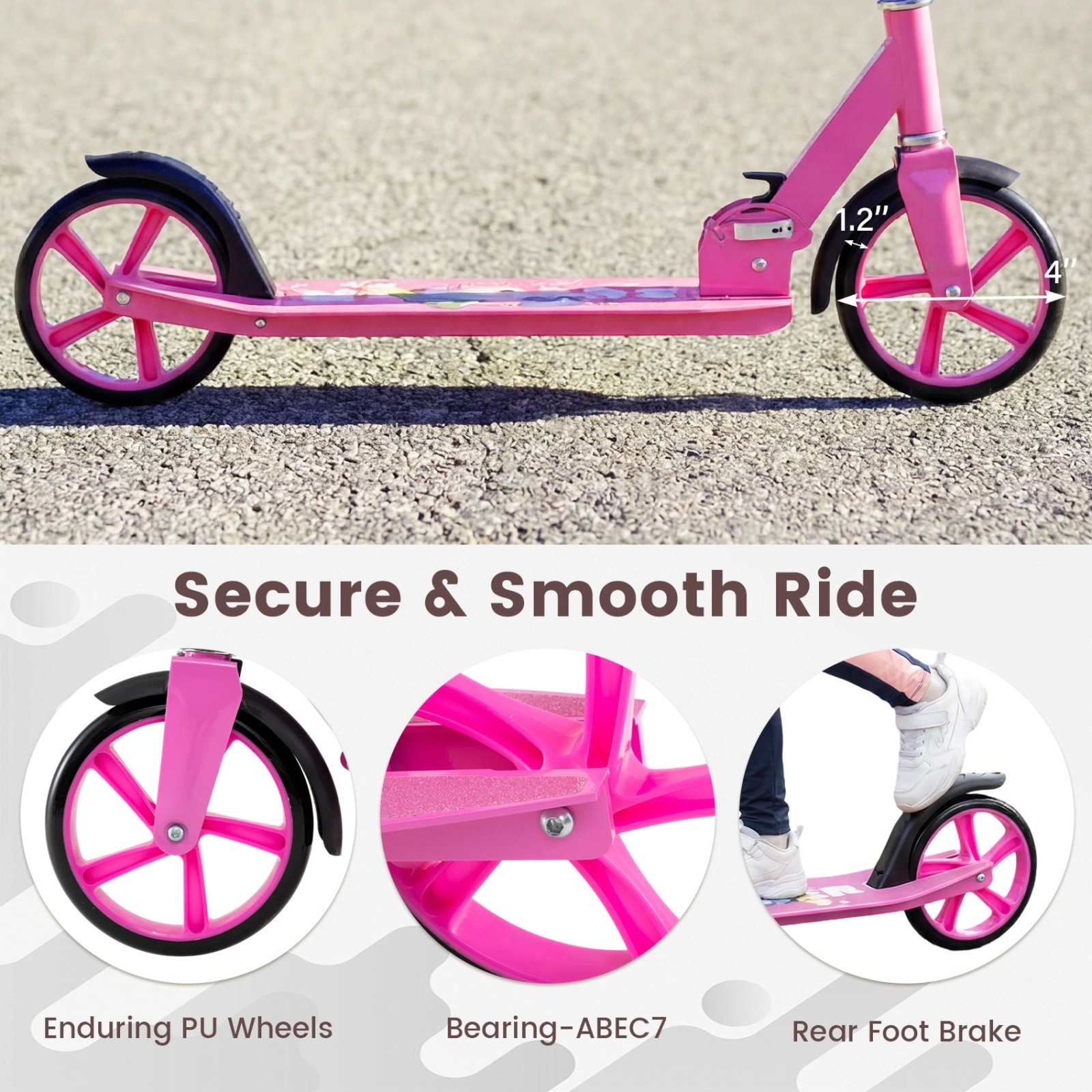 SUGIFT Folding Scooter with 3 Adjustable Heights 220-lb Capacity Ages 8+ Pink