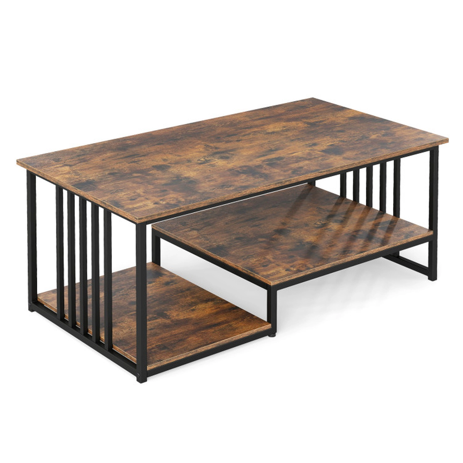 SUGIFT 2-Tier Slatted Metal Frame Open Shelf Coffee Table 43.5-in x 23.5-in x 18-in 110-lb Capacity Rustic Brown