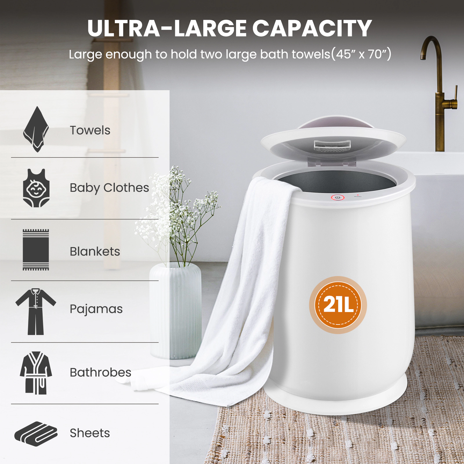 SUGIFT Rapid Heating 21L Bathroom Towel Warmer with 1-Hour Auto Shut Off 13 x 13 x 18.5 in Plastic Housing White/Gray