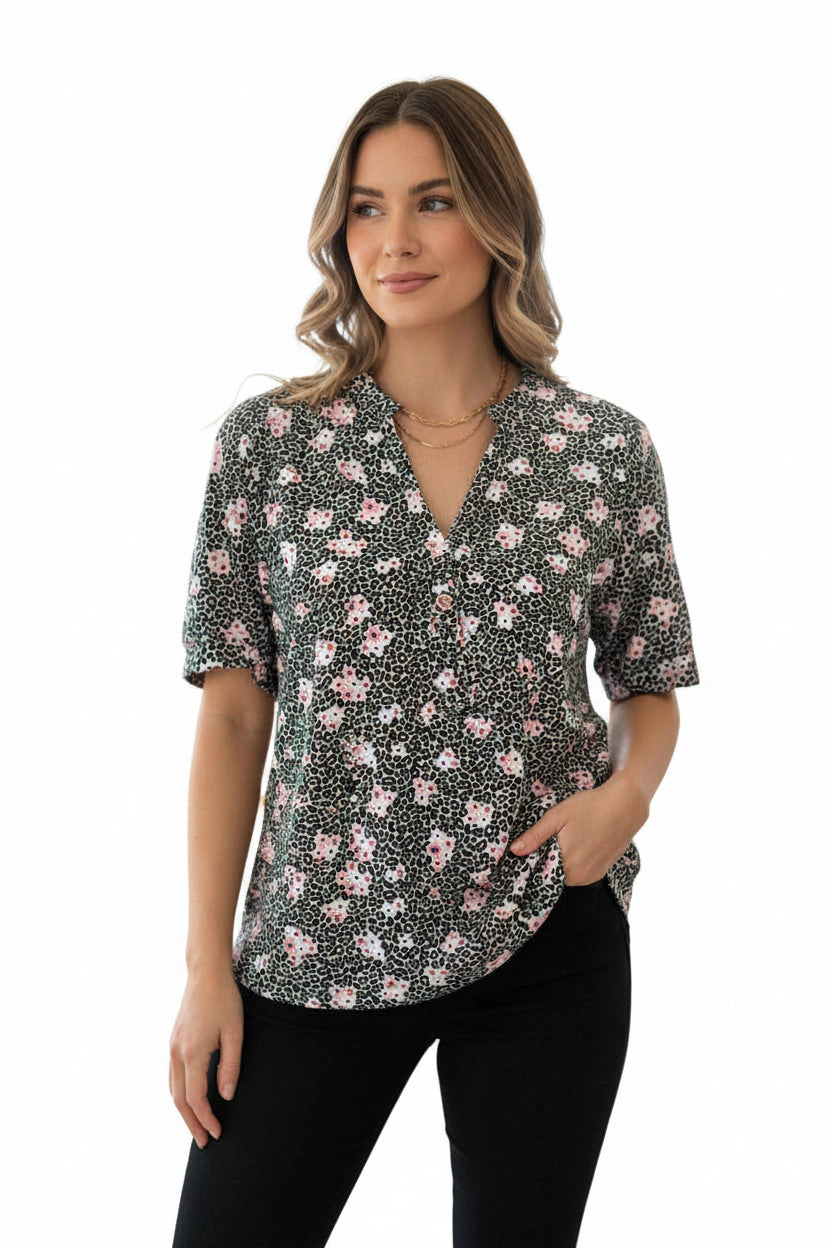 DressAtR Women's Round Split Neck Elbow Sleeve Floral Pullover Blouse