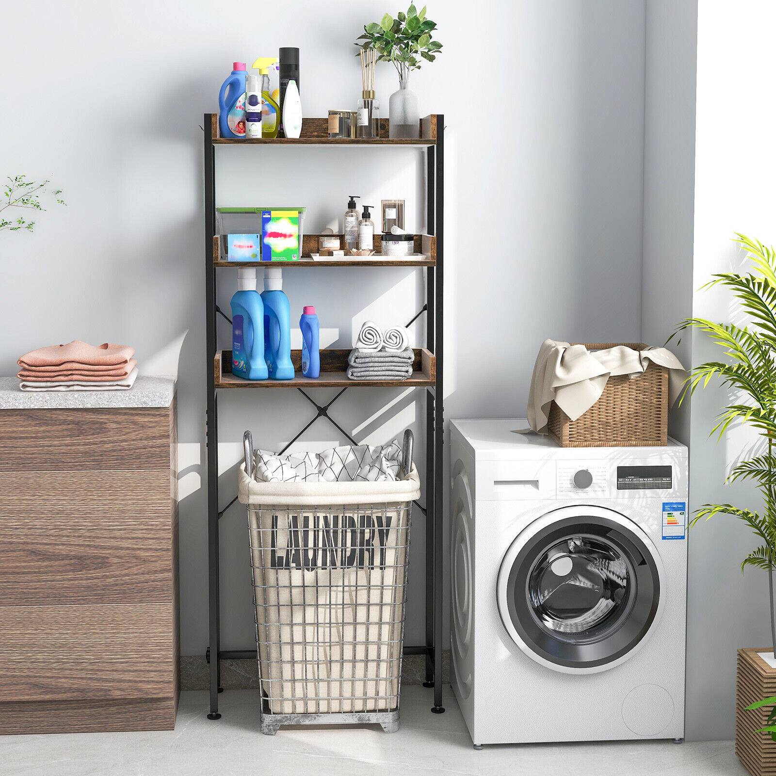 SUGIFT Rustic Brown Freestanding Over the Toilet Rack with Adjustable Bottom Bar 4 Towel Hooks and Shelves