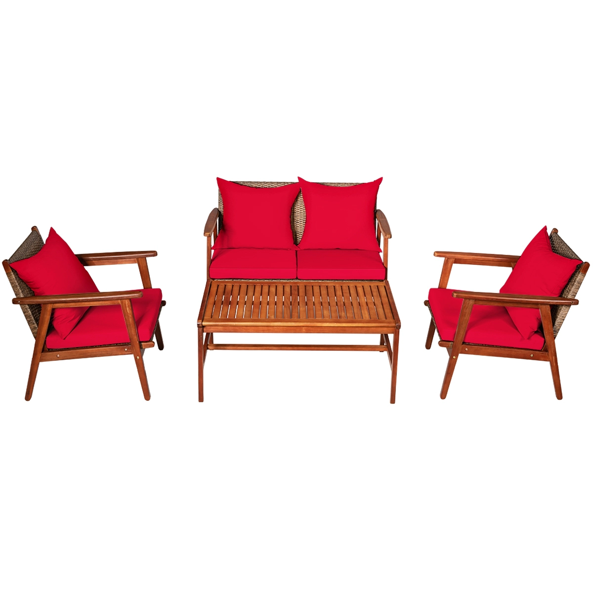 SUGIFT Red Coffee Table and Cushions 4-Piece Acacia Wood and Rattan Patio Sofa Set