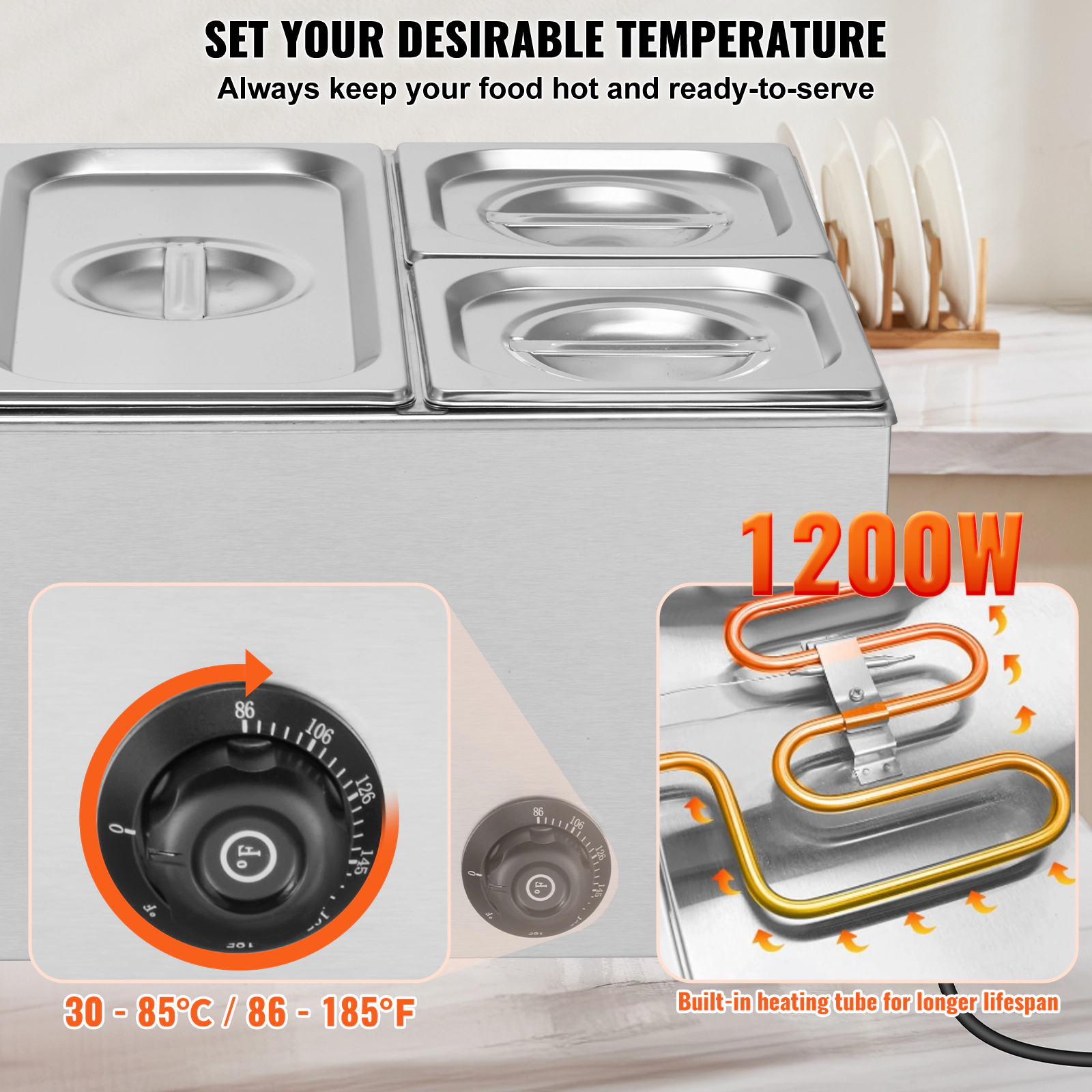 HONGGE 24QT Commercial Food Warmer Electric Steam Table 1200W Professional Countertop Stainless Steel Buffet Bain Marie