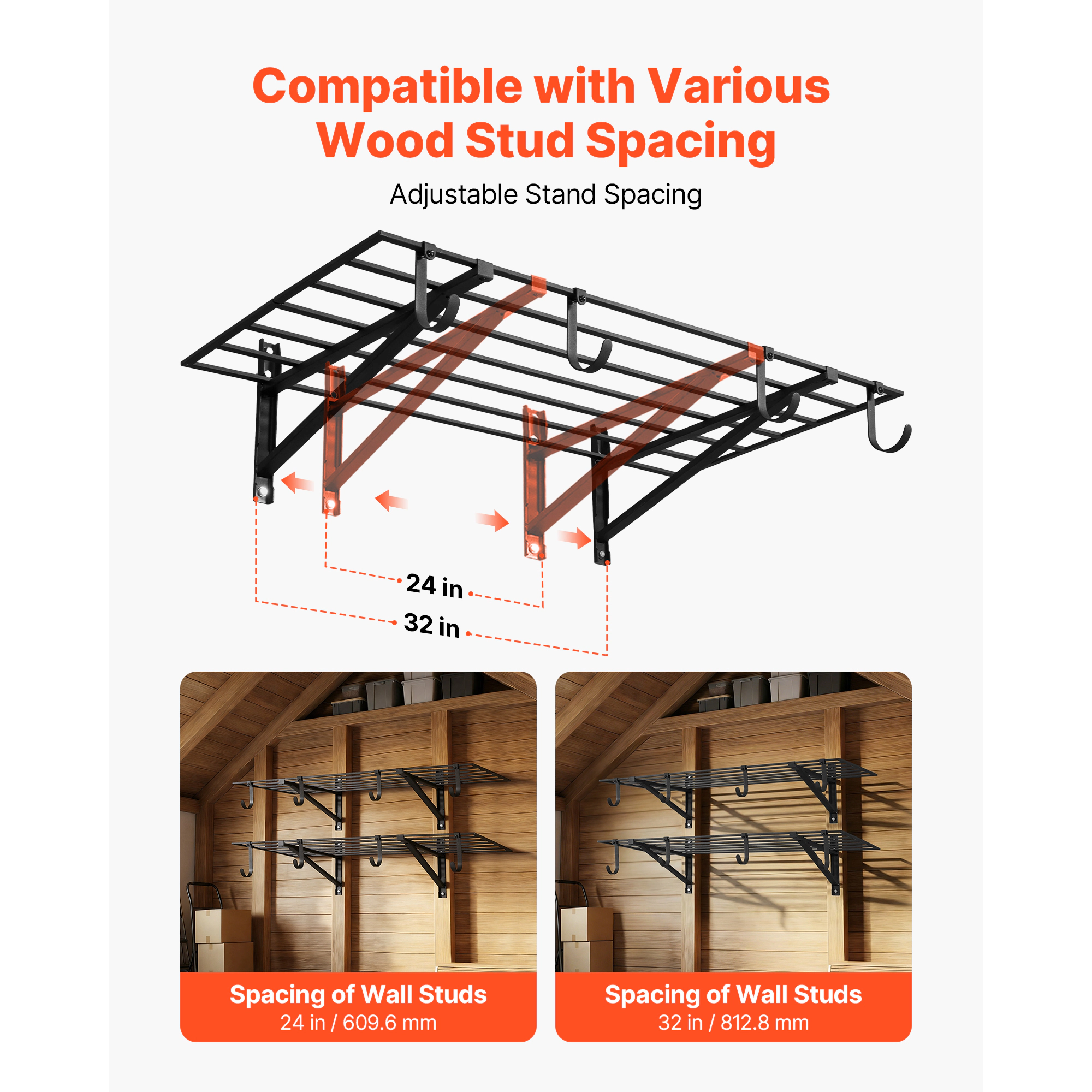 HONGGE 2-Tier Heavy Duty Wall Garage Shelving Steel Wall Mounted Shelving Unit with Hooks Per Shelf Floating Storage