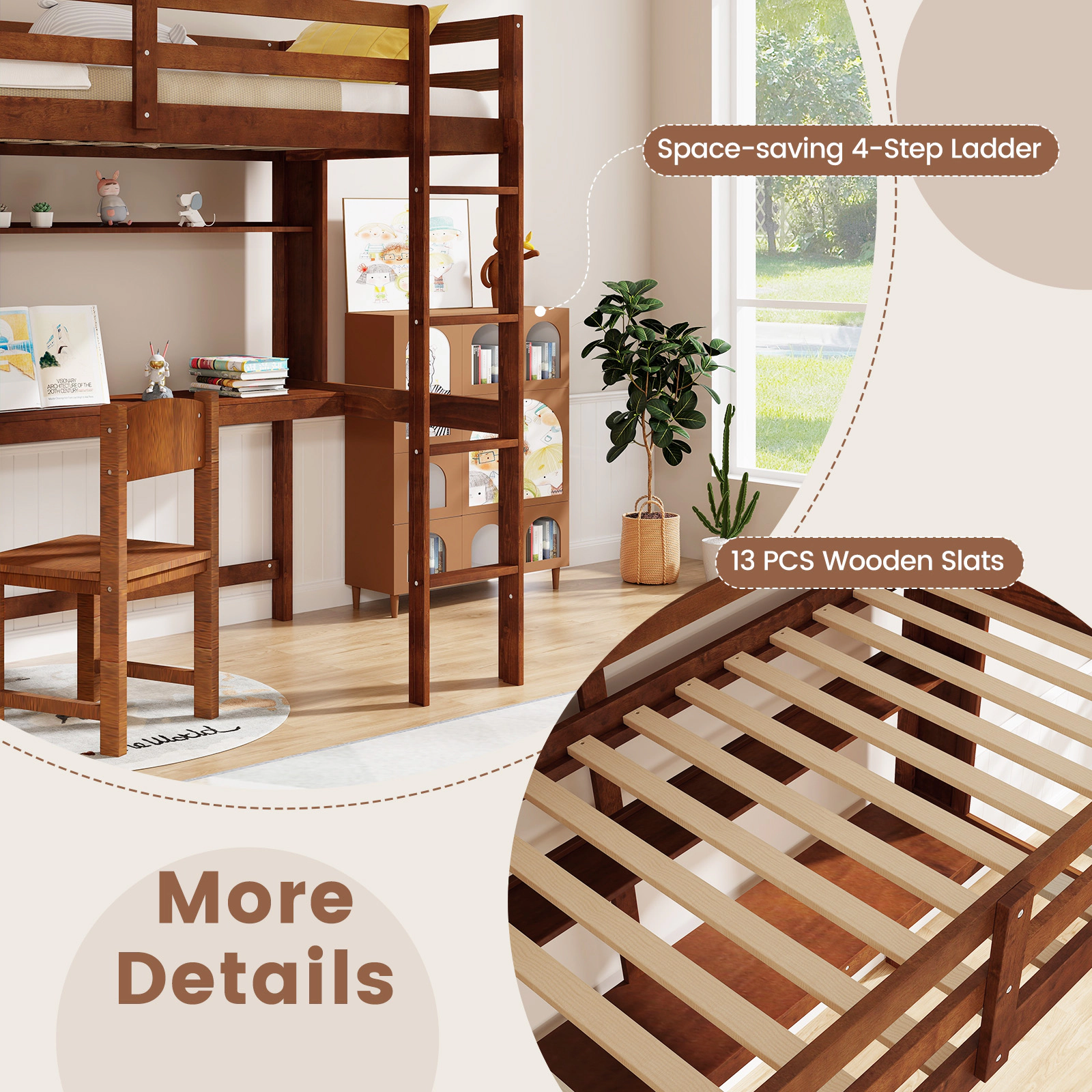 SUGIFT Brown Full-Length Desk and Guardrail Twin Size Kids Solid Wood Loft Bed