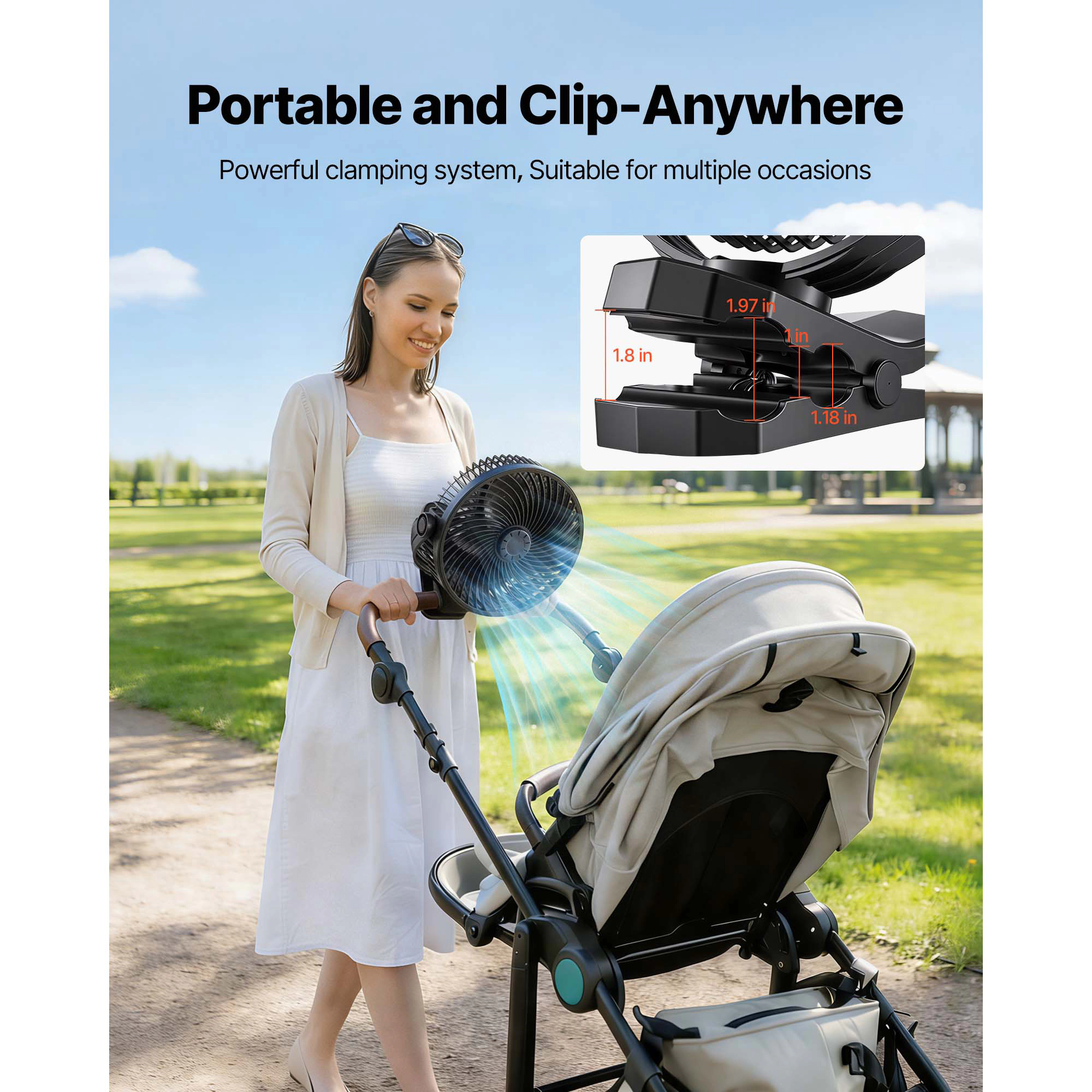HONGGE Portable Clip Fan Rechargeable On USB Port with 3 Speeds & Circulation Mode Strong Airflow Sturdy Clamp