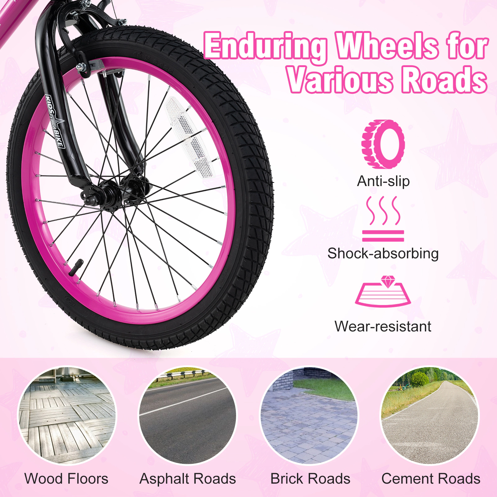 16-in Kids Bike Front Basket Adjustable Seat and Removable Training Wheels Hand Brake and Coaster Brake Ages 4-7 Pink