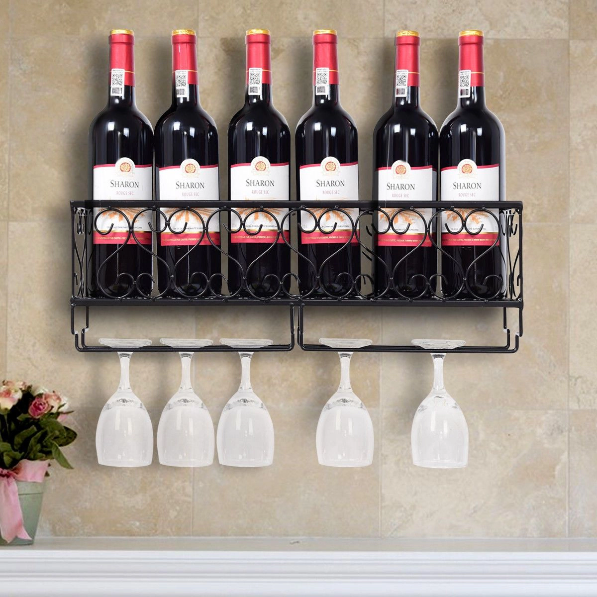 SlickBlue Wall Mounted Wine Rack with Glass Holder and Bottle Storage