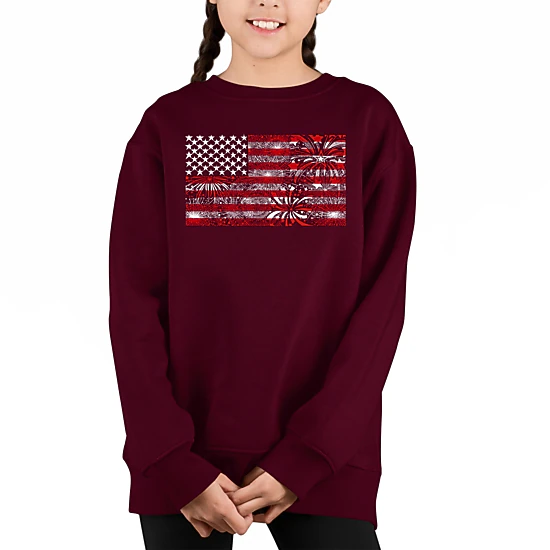 LA Pop Art Girl's Word Art Sweatshirt - Fireworks American Flag