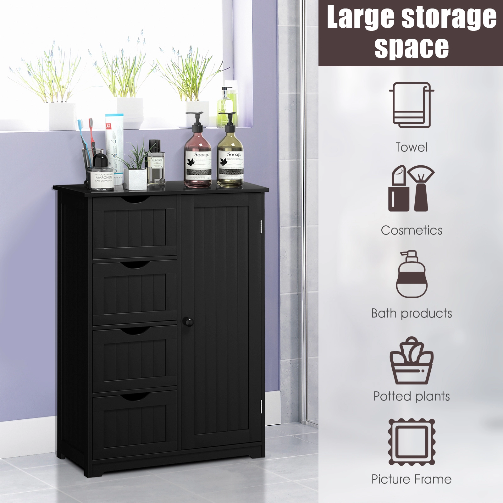 SUGIFT Standing Indoor MDF Engineered Wood Bathroom Cabinet with 4 Drawers and Side Door 143-lb Capacity Black