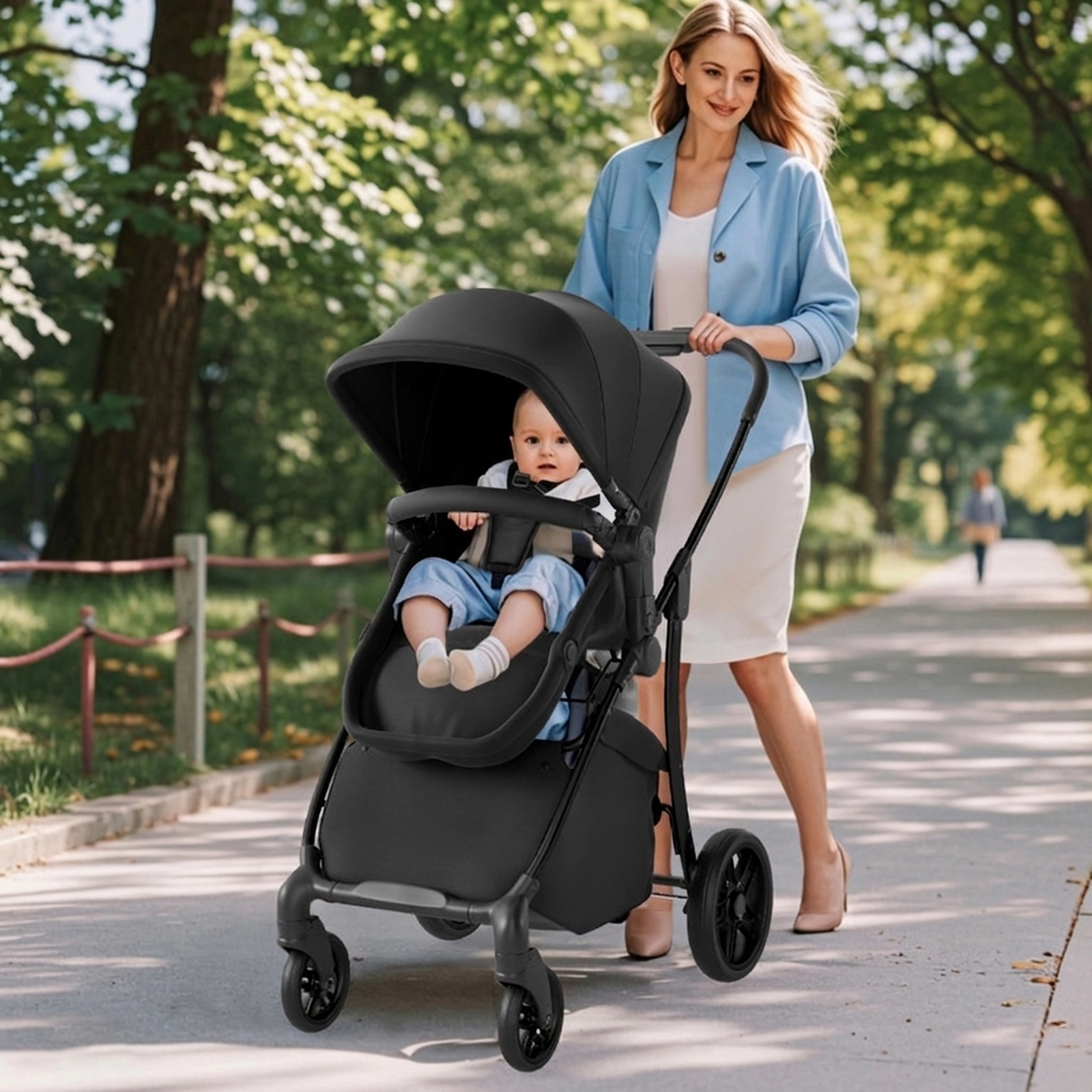 SUGIFT Black 2-in-1 33-lb Capacity High Landscape Baby Stroller with 30-in Bassinet and Reversible Seat