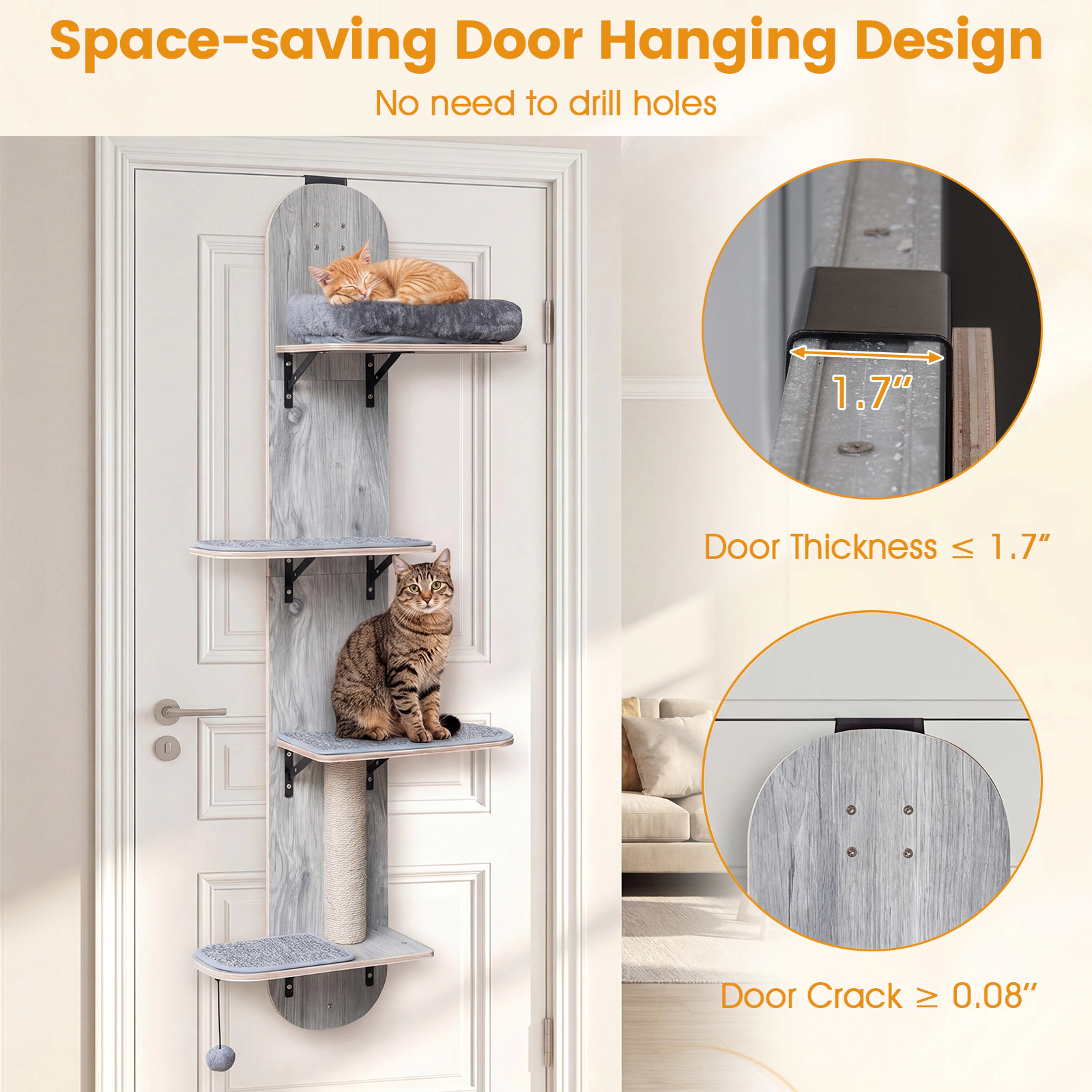 SUGIFT Door Hanging Cat Climber 5-Level Adjustable Cat Tree 11-lb Capacity with Plush Bed Beige Natural Gray