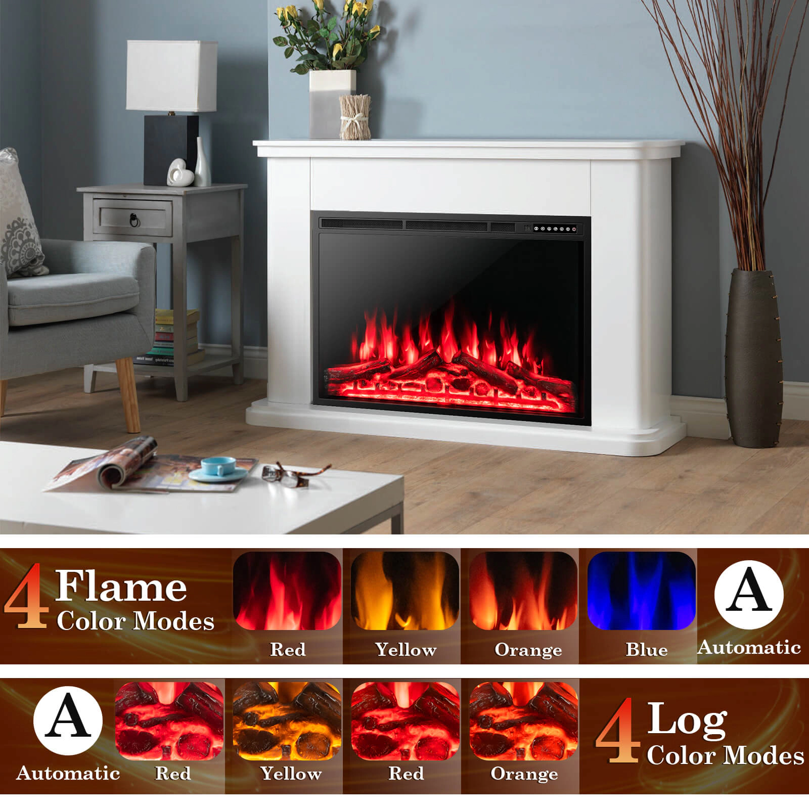 SUGIFT Adjustable Flame Electric Fireplace Recessed Heater 34- or 37-in Black 5100-BTU 750W/1500W with Timer and Remote