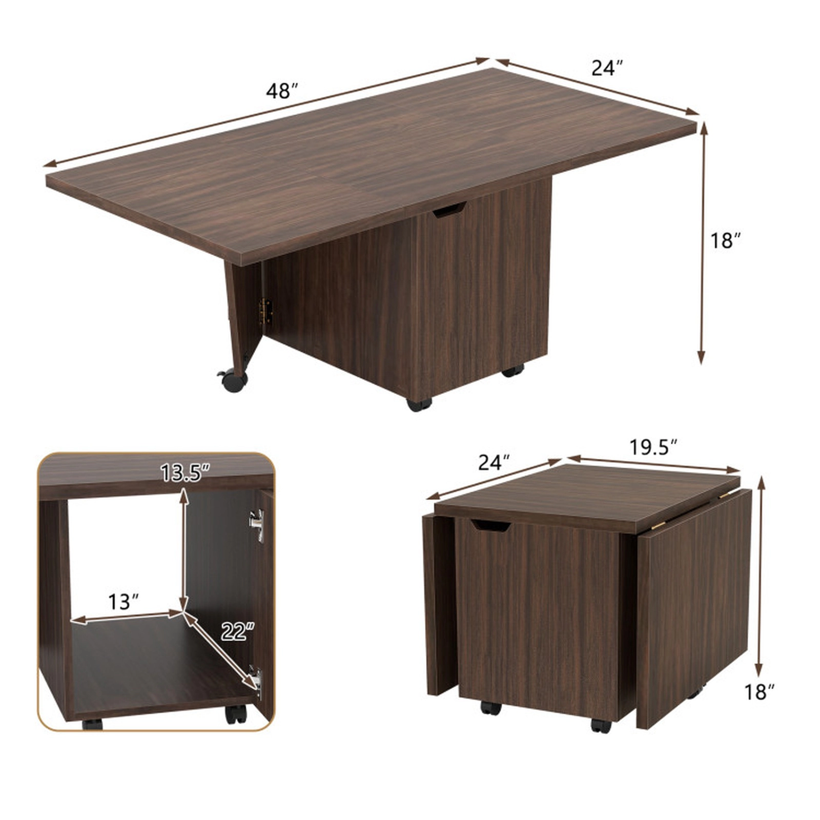 SUGIFT Foldable Coffee Table with Storage Cabinet Extendable Center Tabletop 155-lb Capacity Walnut