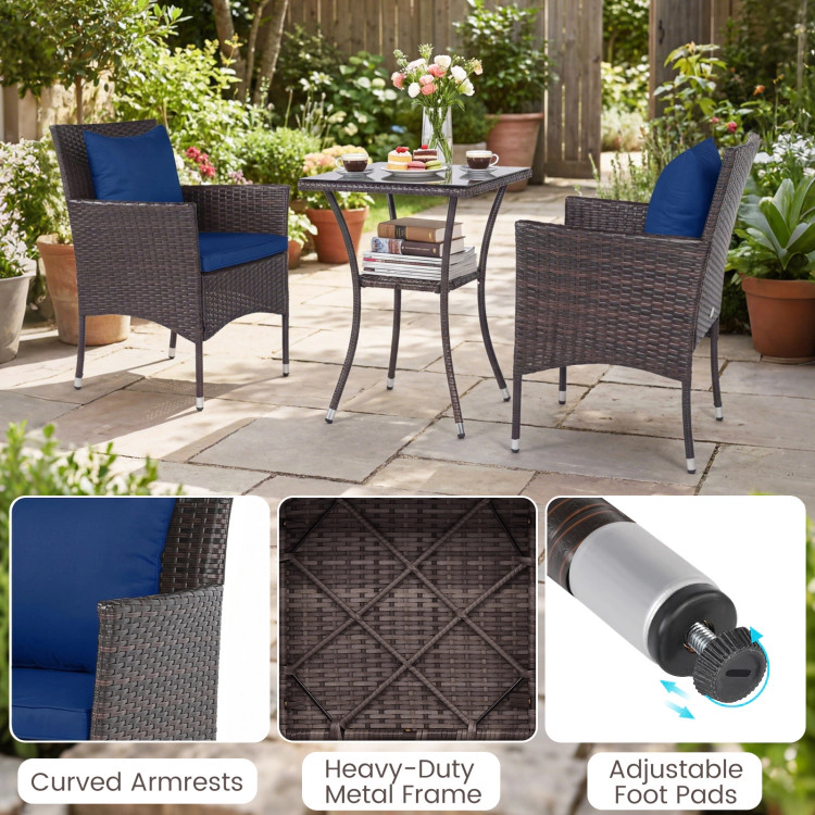 Hivvago 3-Piece Patio Furniture Set Rattan Bistro Chairs With 2-Tier Tempered Glass Side Table