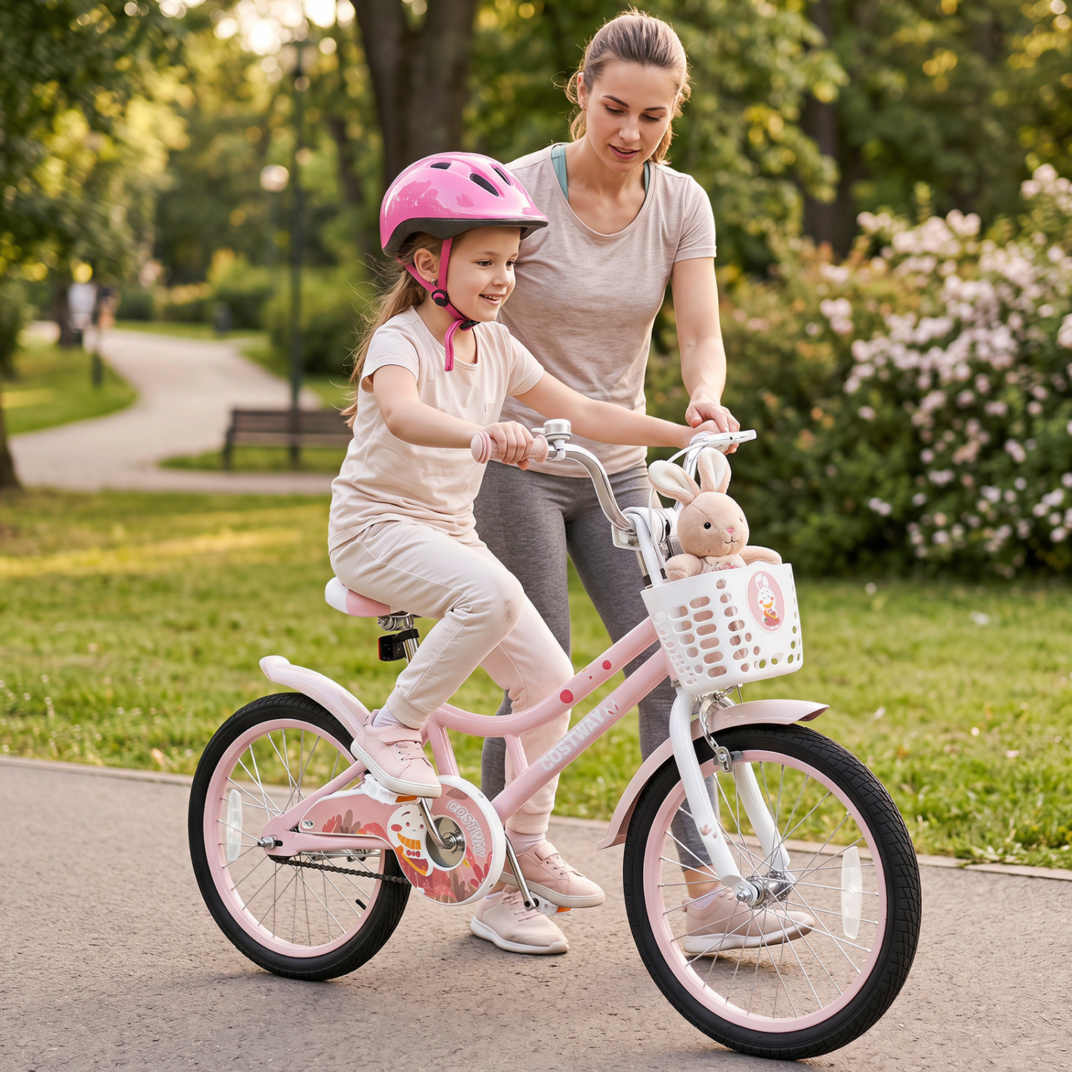 LJG 18 Inch Girl Bike with Basket Detachable Training Wheels for 4-8 Years Old
