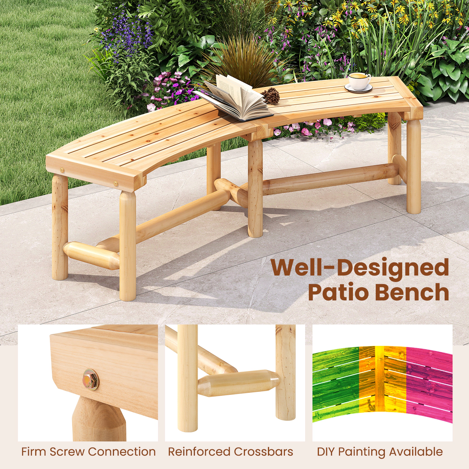 SUGIFT Curved Solid Wood Outdoor Fire Pit Bench 800-lb Capacity Backless Loveseat 67-in Wide Rustic Brown Natural