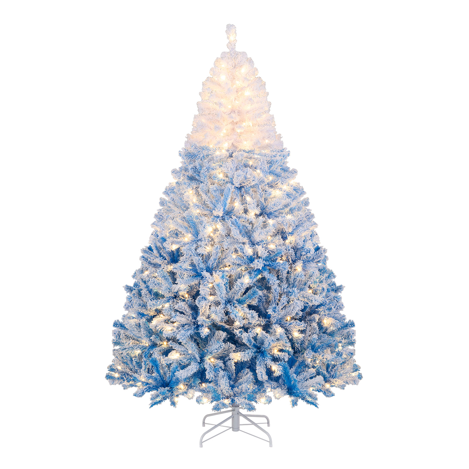 SUGIFT 7-ft Snow Flocked Gradient Pre-Lit Artificial Christmas Tree 1264 Tips 350 Warm White LEDs 3 Sections Blue
