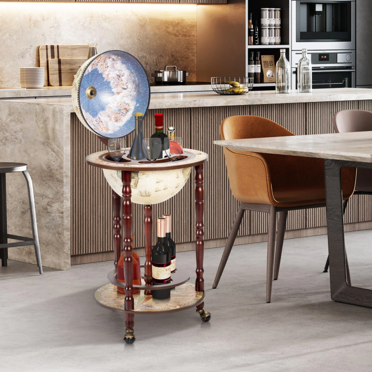 Hivvago 17 Inch Italian Style Design Wooden Globe Liquor Bottle Wine Rack with Wheels