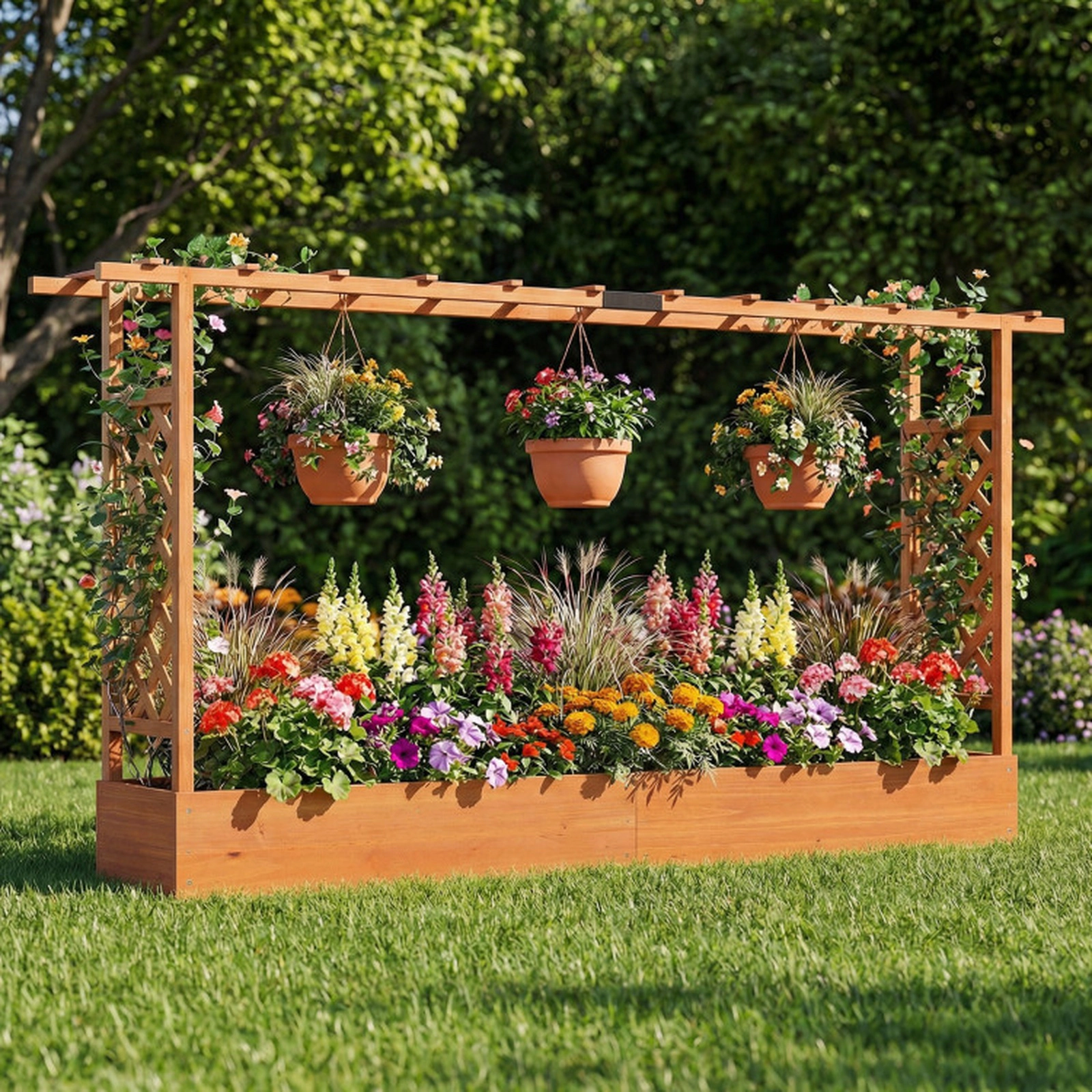 SUGIFT 45-in Tall Fir Wood Planter Raised Garden Bed with Side Trellis and Hanging Roof 110-lb Capacity Natural/Orange