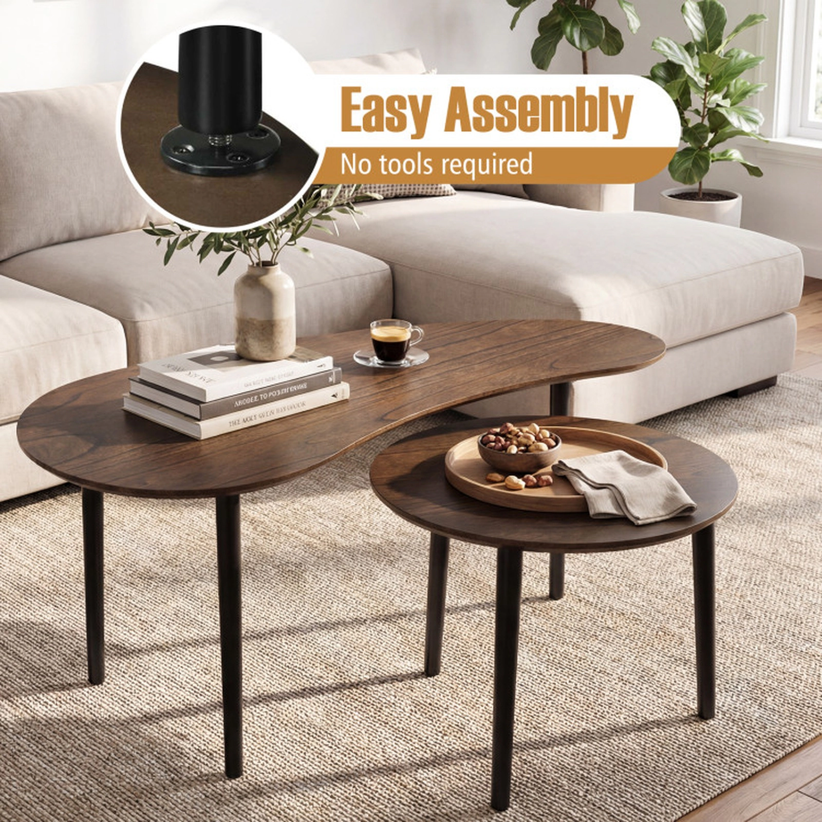 SUGIFT Set of 2 66-lb Capacity Mid Century Modern Walnut Nesting Coffee Tables with Rubber Wood Legs