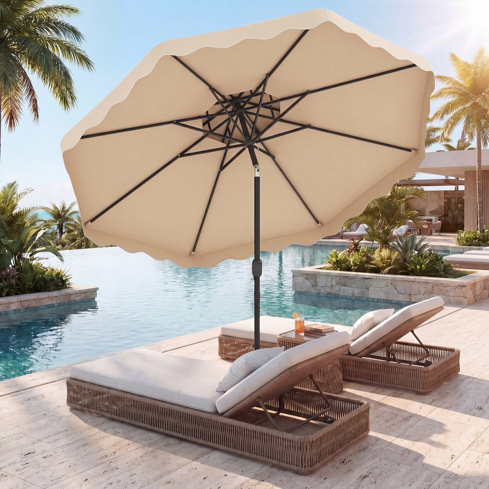 SUGIFT Vented Patio Umbrella with Push Button Tilt and Crank 9-Ft Canopy Beige