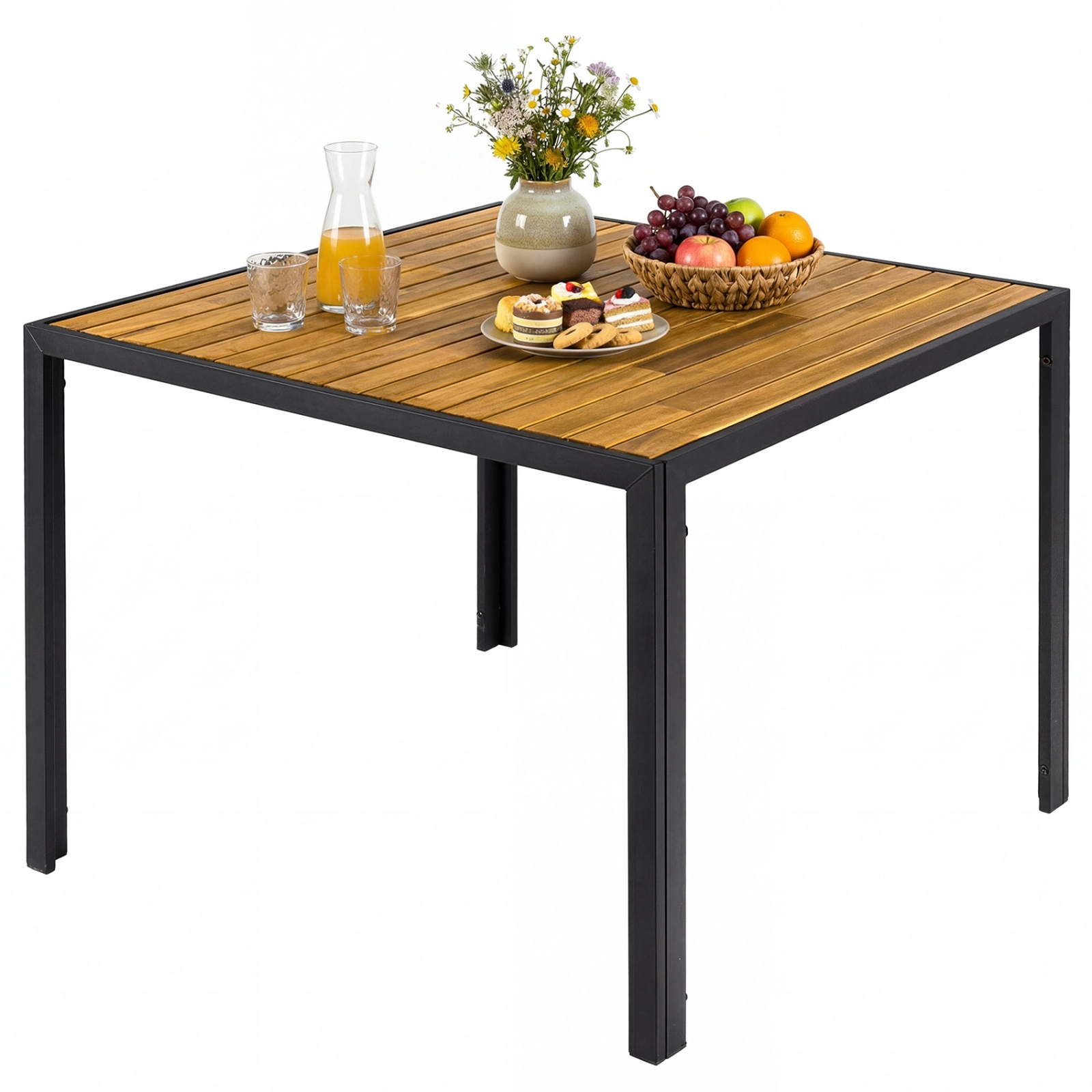 SUGIFT 36-in Square Acacia Wood Outdoor Dining Table for 4 with Slatted Top 165-lb Capacity Natural + Black 2-Piece Set