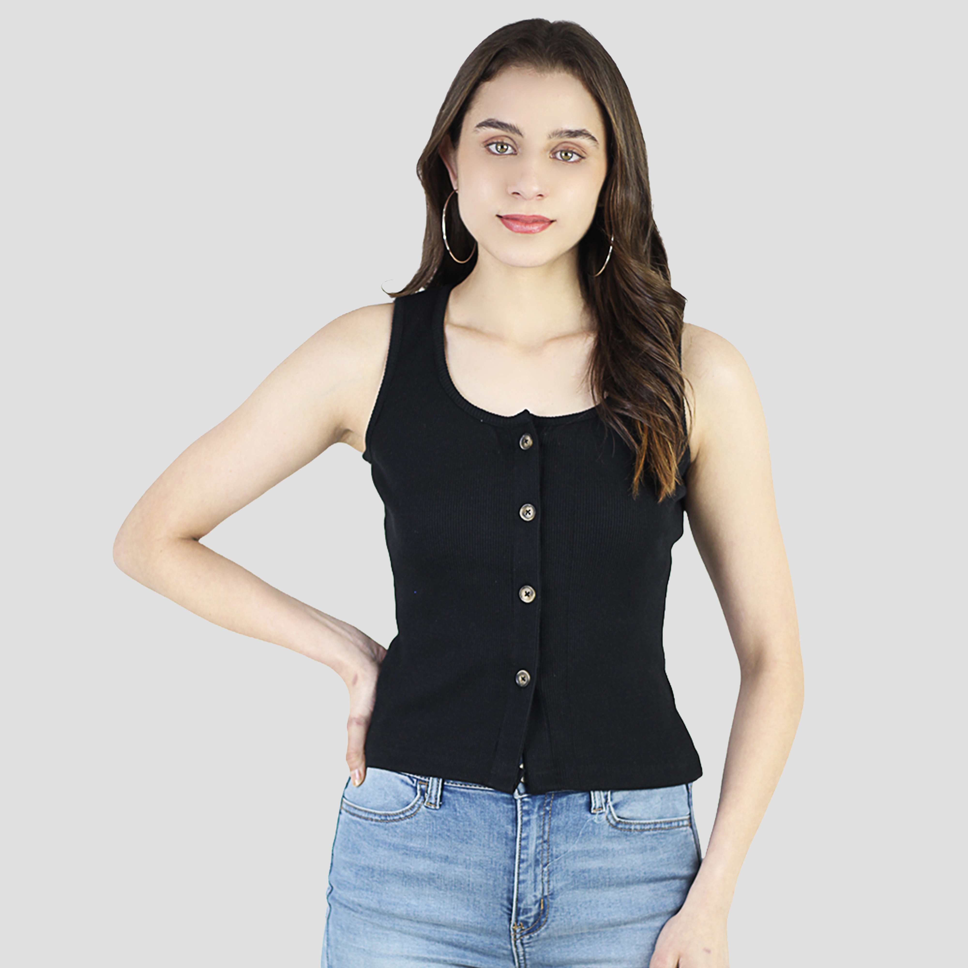 Artyska Women's  Round Neck Ribbed Knit Button Down Sleeveless Casual Tank Crop Tops