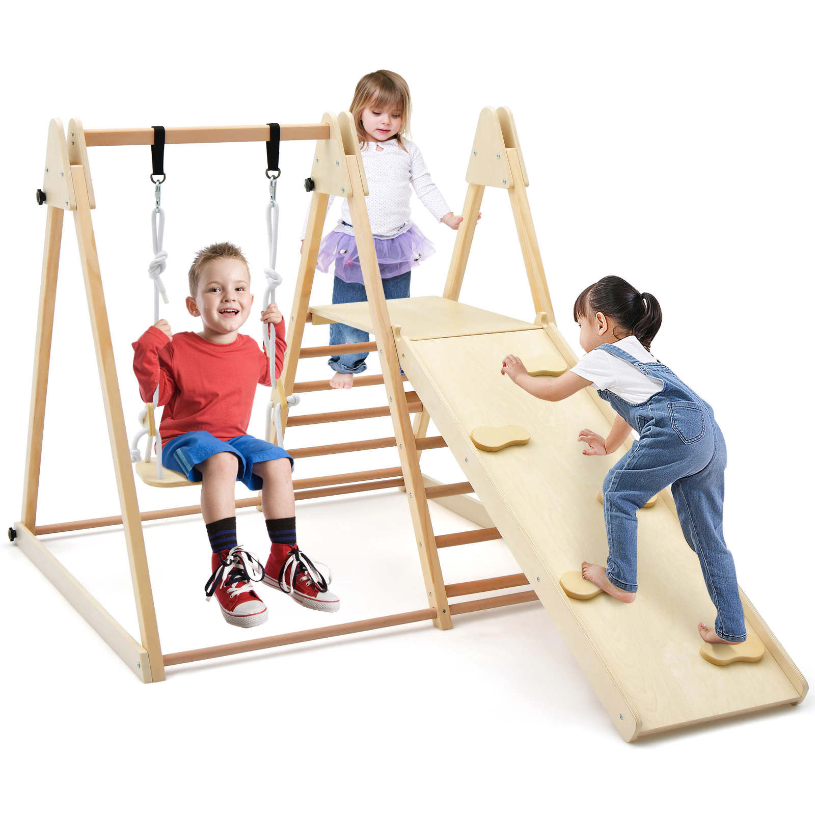 SUGIFT Natural 5-in-1 Foldable Wooden Kids Climber with Slide and Adjustable Swing 275-lb Total 4.5-in Folded