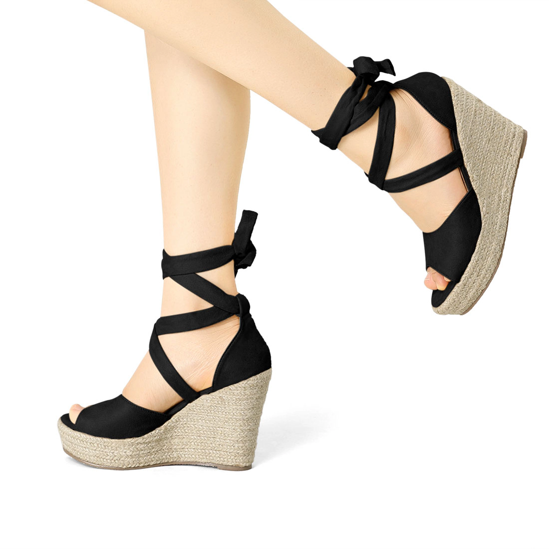 BLISSFUL STEP Women Faux Suede Lace Up Espadrilles Platform Wedges Sandals