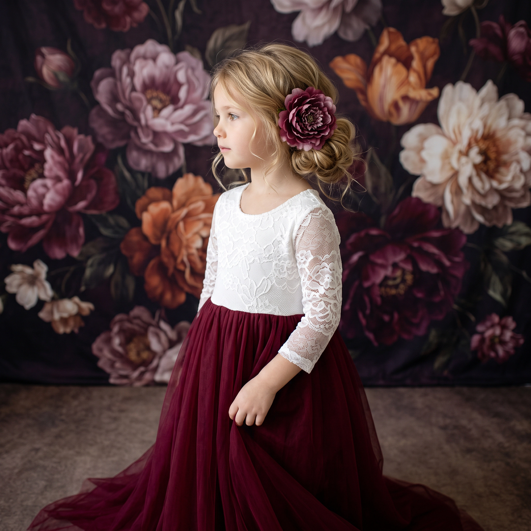 2Bunnies Girls' Rose Lace Long Sleeve Tulle Maxi Boho Flower Girl Dress