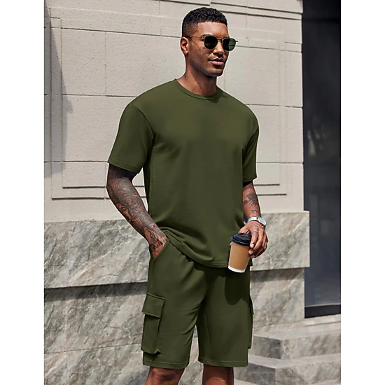 COOFANDY Mens  2 Piece Outfits Crew Neck Short Sleeve Tee Cargo Shorts Set