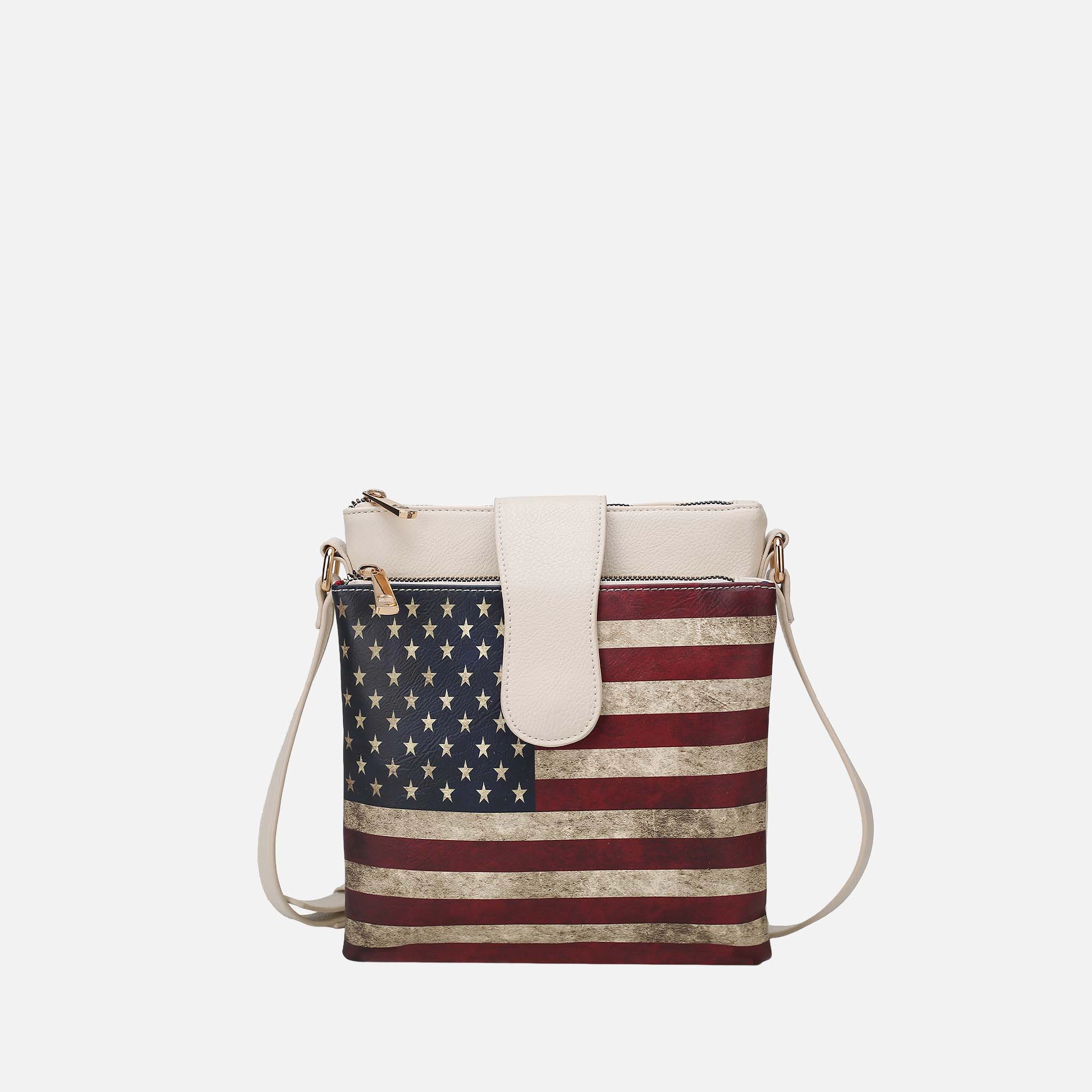 Mia K Collection Josephine Crossbody Bag - Vegan Leather Patriotic Print, Two-Compartment, Adjustable Strap