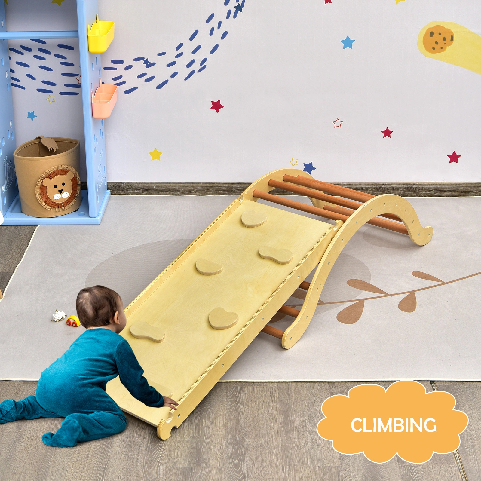 LJG 3-in-1 Kids Wooden Arch Triangle Rocker Climber Set with Ramp and Mat