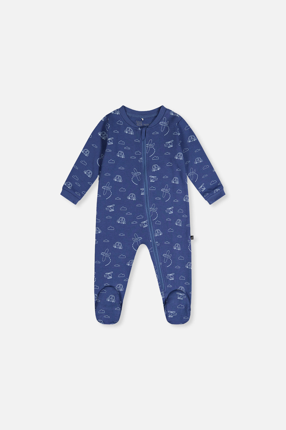 Deux par Deux Boys Organic Cotton Transport Print Front Zip Footed One Piece Pajama